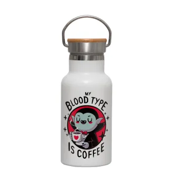 My blood type is coffee, Metallic thermos (Stainless steel) White with wooden lid (bamboo), double-walled, 350ml