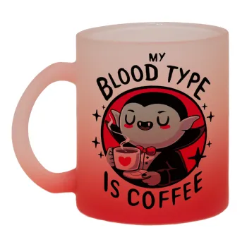 My blood type is coffee, Κούπα γυάλινη δίχρωμη με βάση το κόκκινο ματ, 330ml