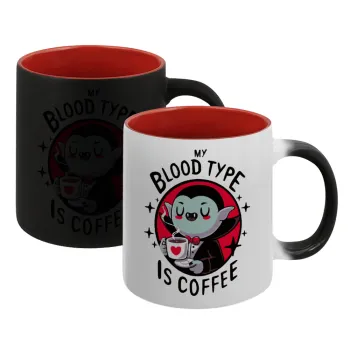 My blood type is coffee, Κούπα Μαγική εσωτερικό κόκκινο, κεραμική, 330ml που αλλάζει χρώμα με το ζεστό ρόφημα