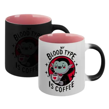 My blood type is coffee, Κούπα Μαγική εσωτερικό ΡΟΖ, κεραμική 330ml που αλλάζει χρώμα με το ζεστό ρόφημα