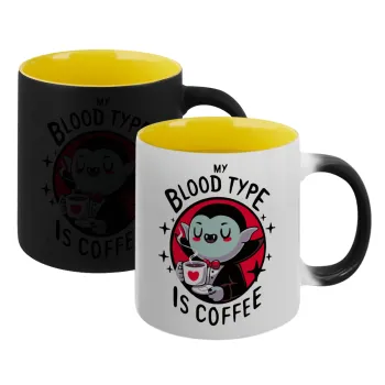 My blood type is coffee, Κούπα Μαγική εσωτερικό κίτρινη, κεραμική 330ml που αλλάζει χρώμα με το ζεστό ρόφημα