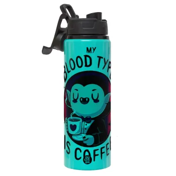 My blood type is coffee, Μεταλλικό παγούρι νερού με καπάκι ασφαλείας, αλουμινίου 850ml