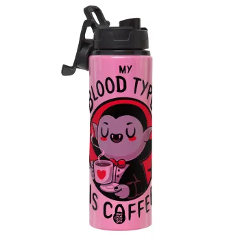 My blood type is coffee, Μεταλλικό παγούρι νερού με καπάκι ασφαλείας, αλουμινίου 850ml
