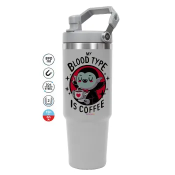 My blood type is coffee, GREY Travel Tumbler with Handle 890ml