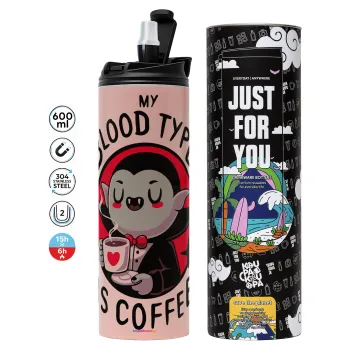 My blood type is coffee, Tumbler stainless steel PINK 600ml