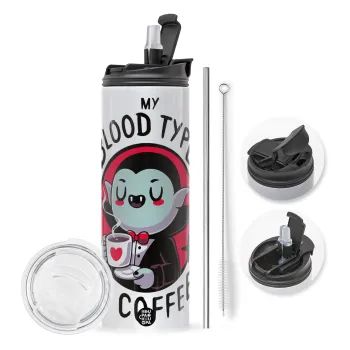 My blood type is coffee, Travel Tumbler 2 Lids, with metal straw & cleaning brush (Stainless steel 304 Food grade, BPA free, 600ml)