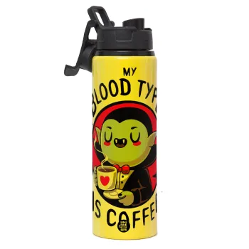 My blood type is coffee, Μεταλλικό παγούρι νερού με καπάκι ασφαλείας, αλουμινίου 850ml