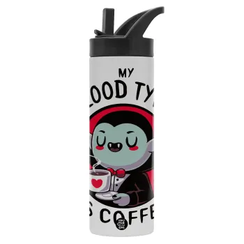 My blood type is coffee, Metallic thermos bottle with straw & handle, stainless steel (Stainless steel 304), double-walled, 600ml.
