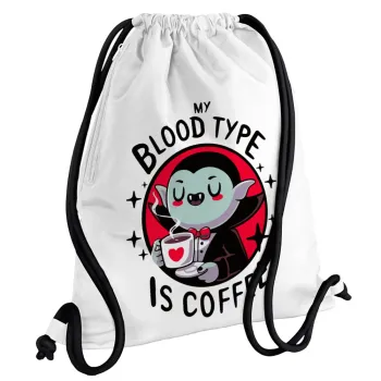 My blood type is coffee, Backpack pouch GYMBAG white, with pocket (40x48cm) & thick cords