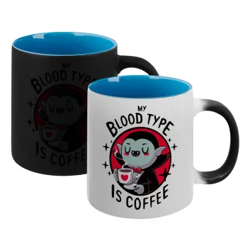 My blood type is coffee, Κούπα Μαγική εσωτερικό μπλε, κεραμική 330ml που αλλάζει χρώμα με το ζεστό ρόφημα