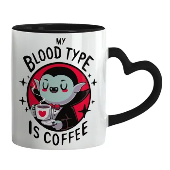 My blood type is coffee, Mug heart black handle, ceramic, 330ml