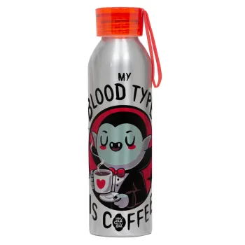 My blood type is coffee, Αλουμινένιο Αθλητικό Μπουκάλι 650ml – Ασημί με Κόκκινο Καπάκι και Λουράκι Σιλικόνης