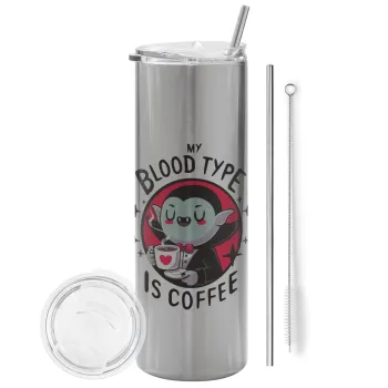 My blood type is coffee, Tumbler ποτήρι θερμό Ασημένιο από ανοξείδωτο ατσάλι 600ml, με μεταλλικό καλαμάκι & βούρτσα καθαρισμού