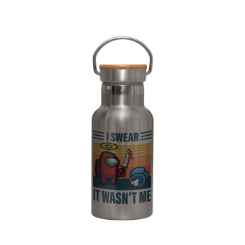 Among us, I swear it wasn't me, Stainless steel metallic thermos flask, silver with a bamboo lid, double-walled, 350ml.