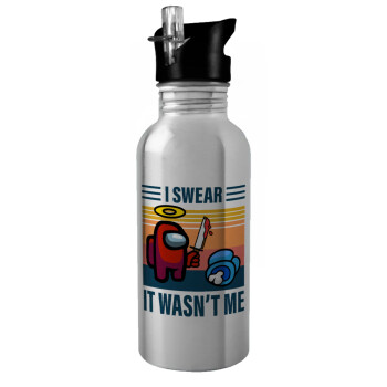 Among us, I swear it wasn't me, Water bottle Silver with straw, stainless steel 600ml