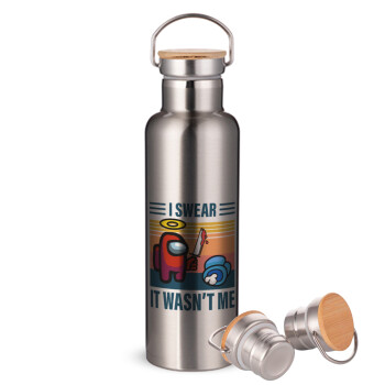 Among us, I swear it wasn't me, Stainless steel Silver with wooden lid (bamboo), double wall, 750ml