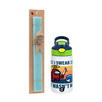 Among us, I swear it wasn't me, Easter Set, Children's thermal stainless steel bottle with safety straw, green/blue (350ml) & aromatic flat Easter candle (30cm) (TURQUOISE)