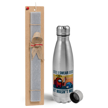 Among us, I swear it wasn't me, Easter Set, metallic Inox water bottle (750ml) & aromatic flat Easter candle (30cm) (GRAY)