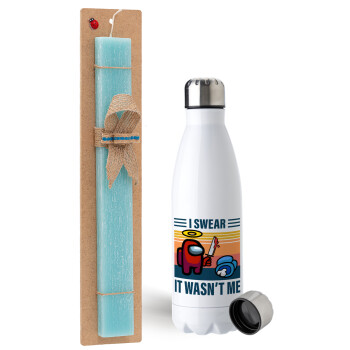 Among us, I swear it wasn't me, Easter Set, metallic stainless steel water bottle (750ml) & aromatic flat Easter candle (30cm) (TURQUOISE)