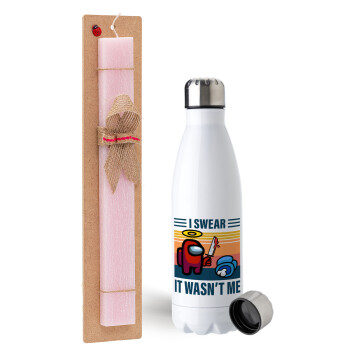 Among us, I swear it wasn't me, Easter Set, metallic stainless steel water bottle (750ml) & scented flat Easter candle (30cm) (PINK)
