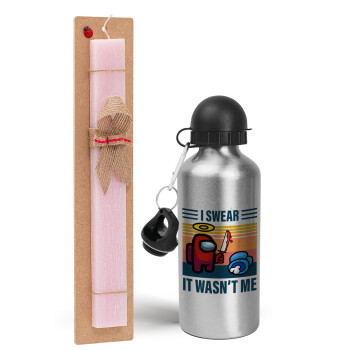 Among us, I swear it wasn't me, Easter Set, metallic Silver aluminum water bottle (500ml) & scented flat Easter candle (30cm) (PINK)