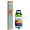 Easter Set, Children's thermal stainless steel bottle with safety straw, green/blue (350ml) & aromatic flat Easter candle (30cm) (TURQUOISE)