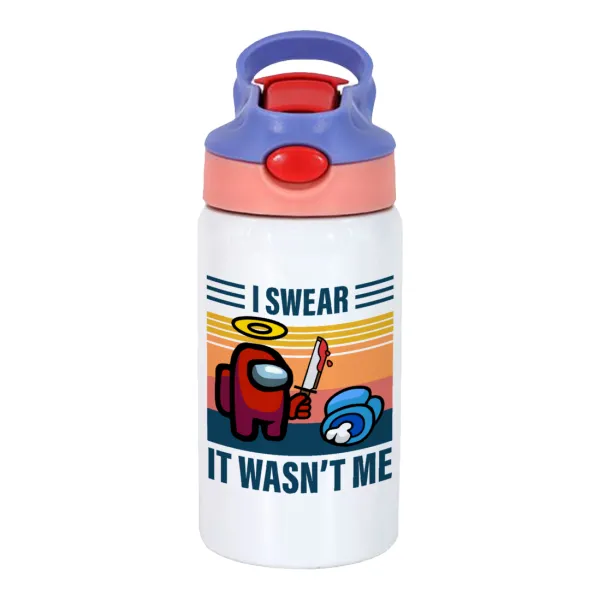 Among us — Children's hot water bottle, stainless steel, with safety straw, pink/purple (350ml)