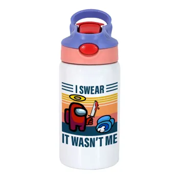 Among us, I swear it wasn't me, Children's hot water bottle, stainless steel, with safety straw, pink/purple (350ml)