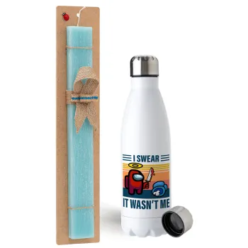 Among us, I swear it wasn't me, Easter Set, metallic stainless steel water bottle (750ml) & aromatic flat Easter candle (30cm) (TURQUOISE)