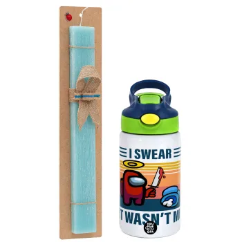 Among us, I swear it wasn't me, Easter Set, Children's thermal stainless steel bottle with safety straw, green/blue (350ml) & aromatic flat Easter candle (30cm) (TURQUOISE)