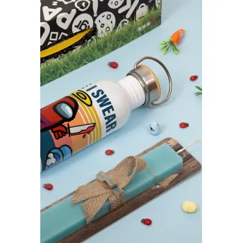 Among us, I swear it wasn't me, Easter Set, metallic silver aluminum water bottle (500ml) & scented flat Easter candle (30cm) (TURQUOISE)