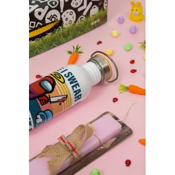 Among us, I swear it wasn't me, Easter Set, SS Metallic water bottle (620ml, stainless steel) & scented flat Easter candle (30cm) (PINK)