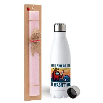 Among us, I swear it wasn't me, Easter Set, metallic stainless steel water bottle (750ml) & scented flat Easter candle (30cm) (PINK)