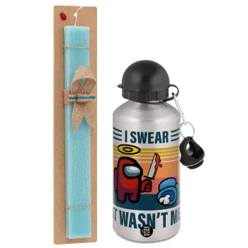 Among us, I swear it wasn't me, Easter Set, metallic silver aluminum water bottle (500ml) & scented flat Easter candle (30cm) (TURQUOISE)