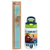 Easter Set, Children's thermal stainless steel bottle with safety straw, green/blue (350ml) & aromatic flat Easter candle (30cm) (TURQUOISE)