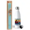 Easter Set, metallic stainless steel water bottle (750ml) & aromatic flat Easter candle (30cm) (TURQUOISE)