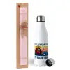 Easter Set, metallic stainless steel water bottle (750ml) & scented flat Easter candle (30cm) (PINK)