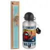 Easter Set, metallic silver aluminum water bottle (500ml) & scented flat Easter candle (30cm) (TURQUOISE)