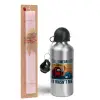 Easter Set, metallic Silver aluminum water bottle (500ml) & scented flat Easter candle (30cm) (PINK)