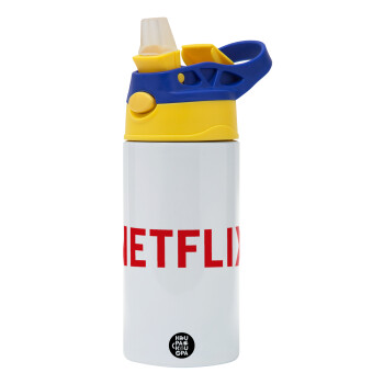 Netflix, Children's hot water bottle, stainless steel, with safety straw, green, blue (360ml) BPA FREE