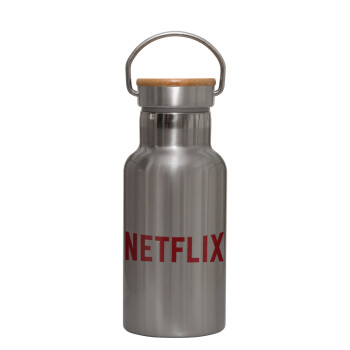 Netflix, Μεταλλικό παγούρι θερμός (Stainless steel) Ασημένιο με ξύλινο καπακι (bamboo), διπλού τοιχώματος, 350ml