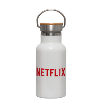 Netflix, Metallic thermos (Stainless steel) White with wooden lid (bamboo), double-walled, 350ml