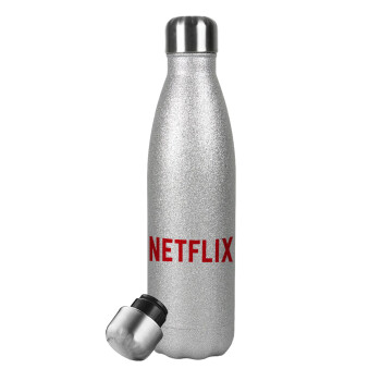 Netflix, Μεταλλικό παγούρι θερμός Glitter Aσημένιο (Stainless steel), διπλού τοιχώματος, 500ml