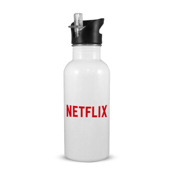 Netflix, Παγούρι νερού Λευκό με καλαμάκι, ανοξείδωτο ατσάλι 600ml