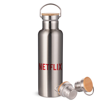 Netflix, Μεταλλικό παγούρι θερμός (Stainless steel) Ασημένιο με ξύλινο καπακι (bamboo), διπλού τοιχώματος, 750ml
