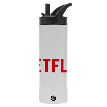 Netflix, Metallic thermos bottle with straw & handle, stainless steel (Stainless steel 304), double-walled, 600ml.