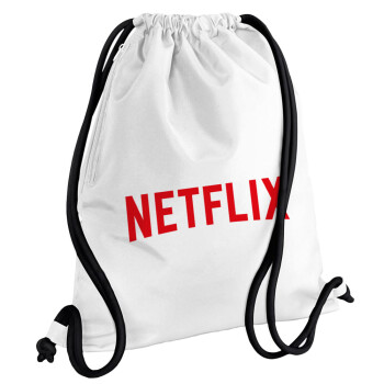 Netflix, Τσάντα πλάτης πουγκί GYMBAG λευκή, με τσέπη (40x48cm) & χονδρά κορδόνια