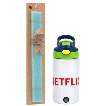 Netflix, Easter Set, Children's thermal stainless steel bottle with safety straw, green/blue (350ml) & aromatic flat Easter candle (30cm) (TURQUOISE)