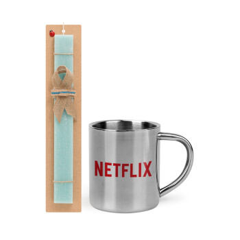 Netflix, Easter Set, metallic thermal cup (300ml) & aromatic flat Easter candle (30cm) (TURQUOISE)