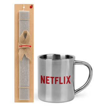 Netflix, Easter Set, metallic thermal cup (300ml) & Easter aromatic flat candle (30cm) (GRAY)